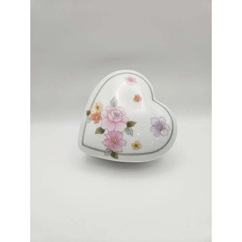 Vintage Porcelain Heart Shaped Floral Trinket Box, Japan